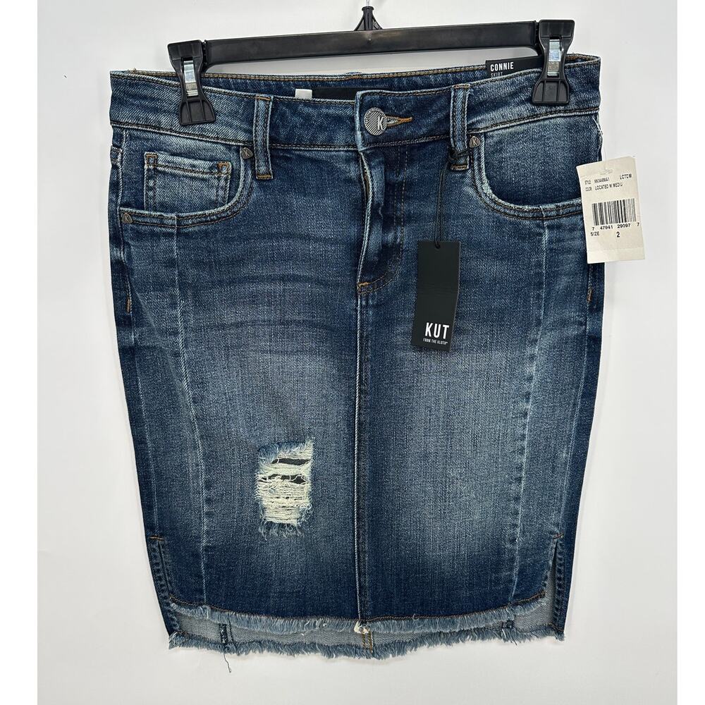 KUT FROM THE KLOTH NWT Connie Step Hem Distressed Denim Skirt // 2